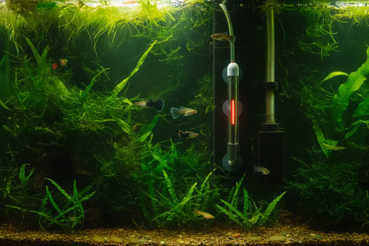 Filtro esponja y calentador sumergible entre plantas en un acuario de guppys