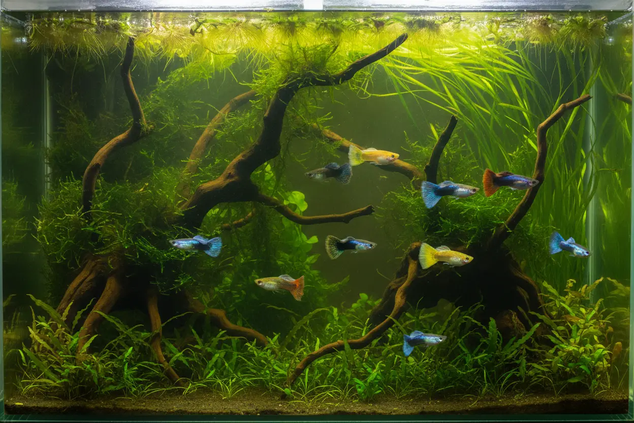 Acuario de agua dulce bien plantado con un grupo de guppys coloridos nadando