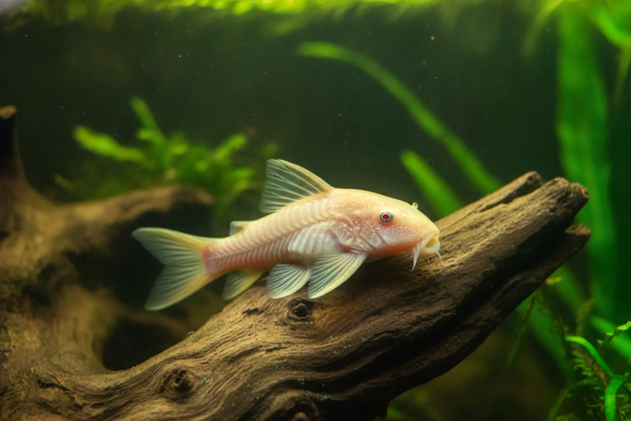 Ancistrus albino de cuerpo amarillo claro y ojos rojos