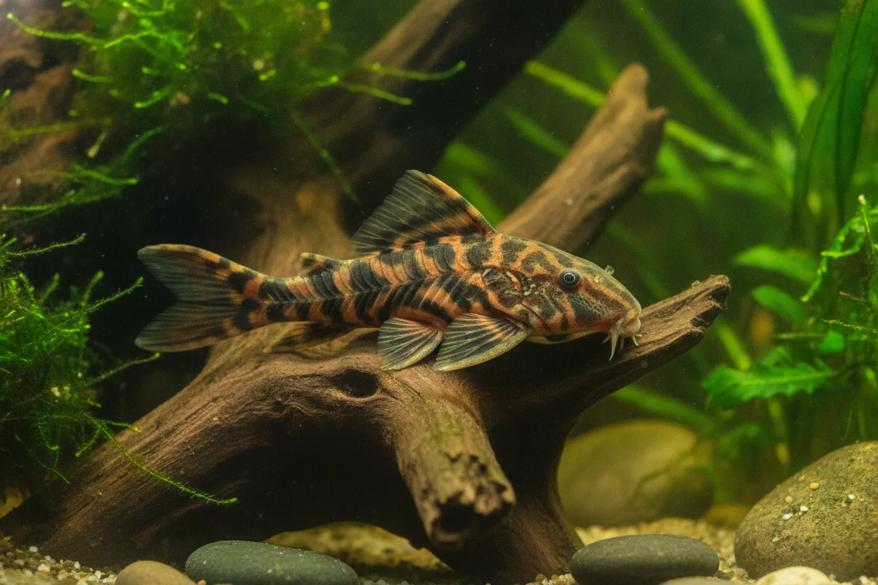 Ancistrus calico con patrón jaspeado en marrón, naranja y negro