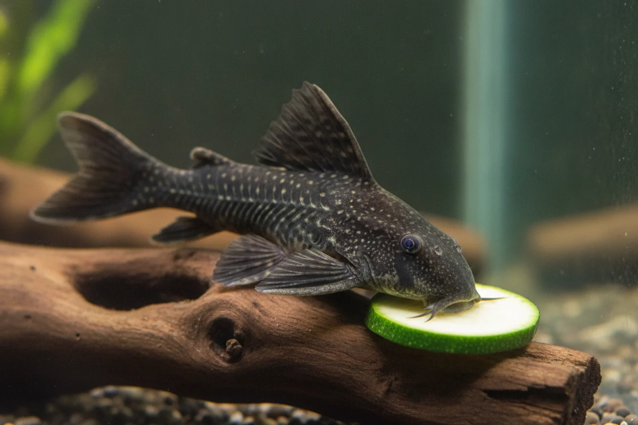 Ancistrus raspando con su boca de ventosa una rodaja de calabacín sobre un tronco de madera