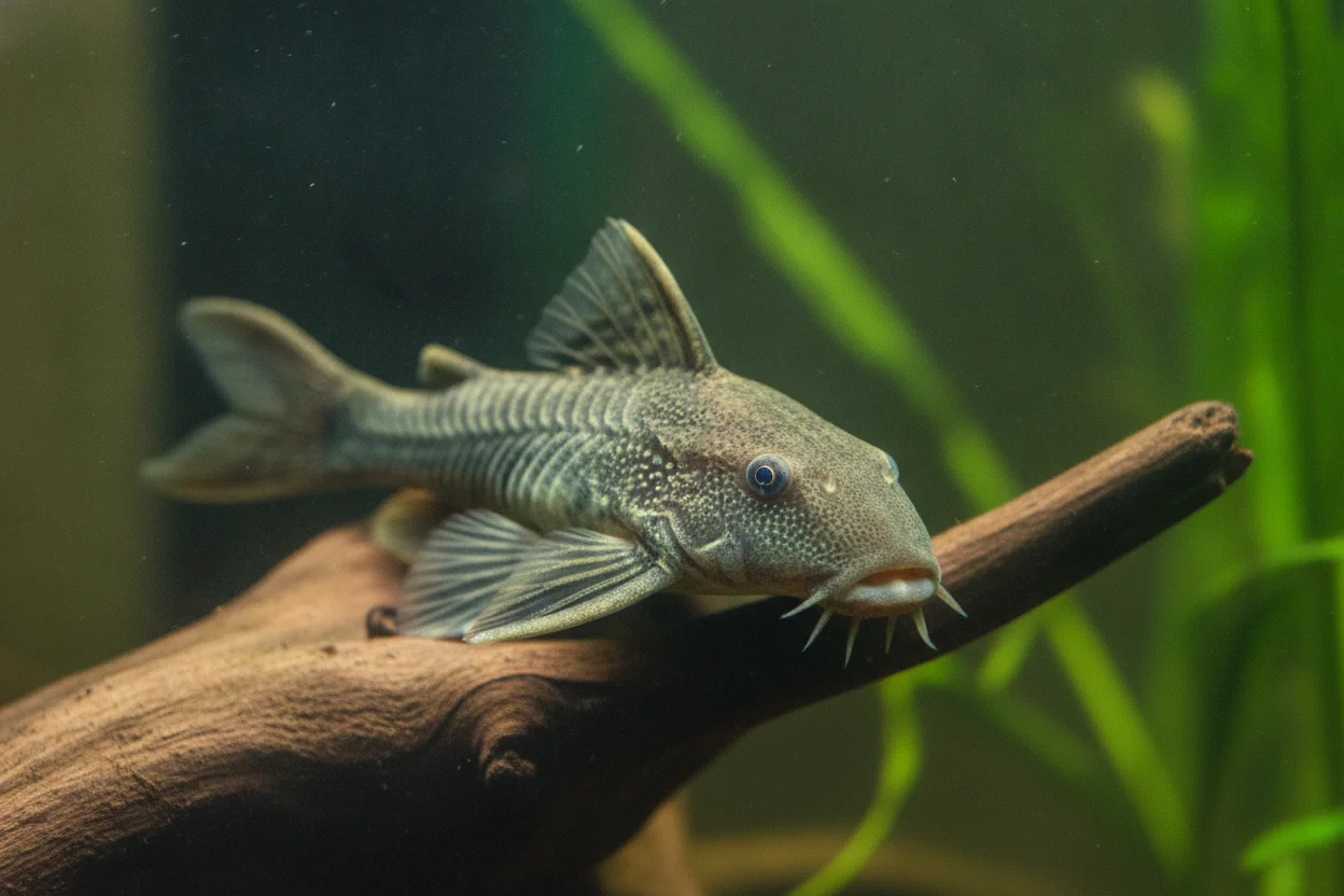 Cabeza de una hembra de ancistrus con el morro casi liso, sin el ramo de tentáculos del macho