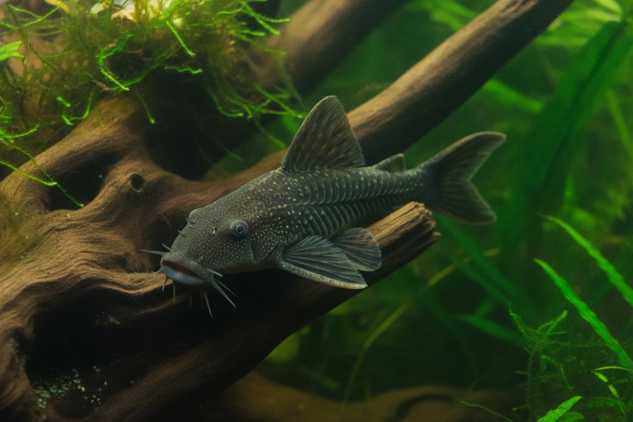Ancistrus o pleco enano sobre un tronco de madera en un acuario plantado