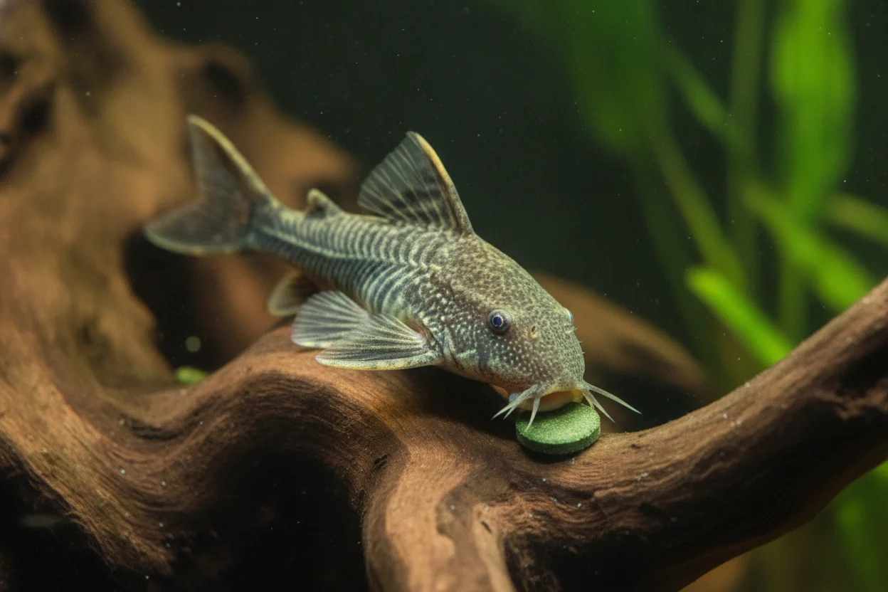 Ancistrus comiendo una pastilla de fondo verde de spirulina sobre un tronco de madera
