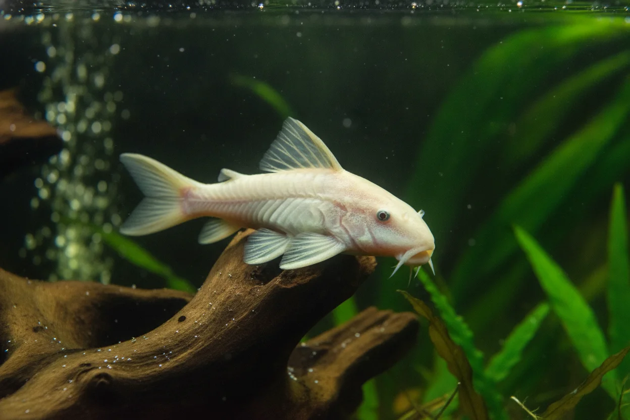 Ancistrus snow white de cuerpo blanco con ojos oscuros
