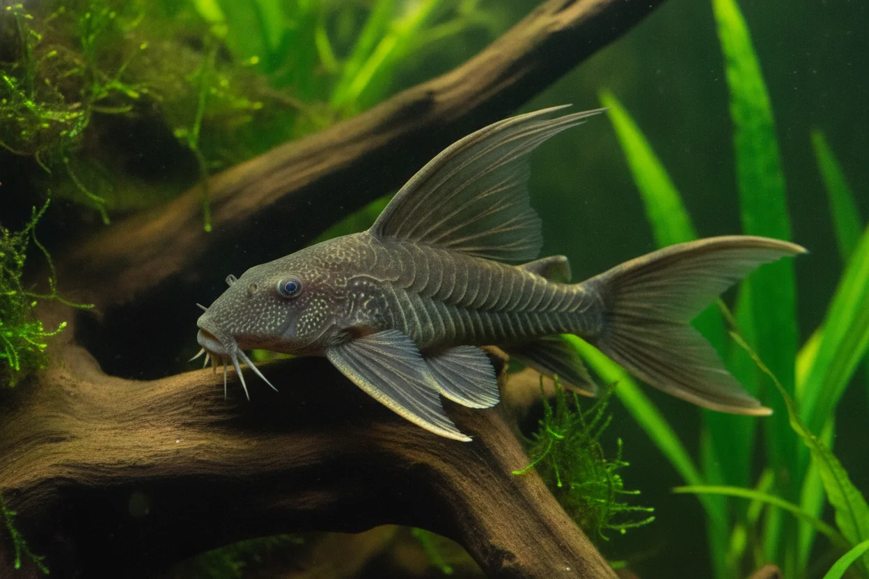 Ancistrus velo o longfin con las aletas dorsal y caudal muy alargadas