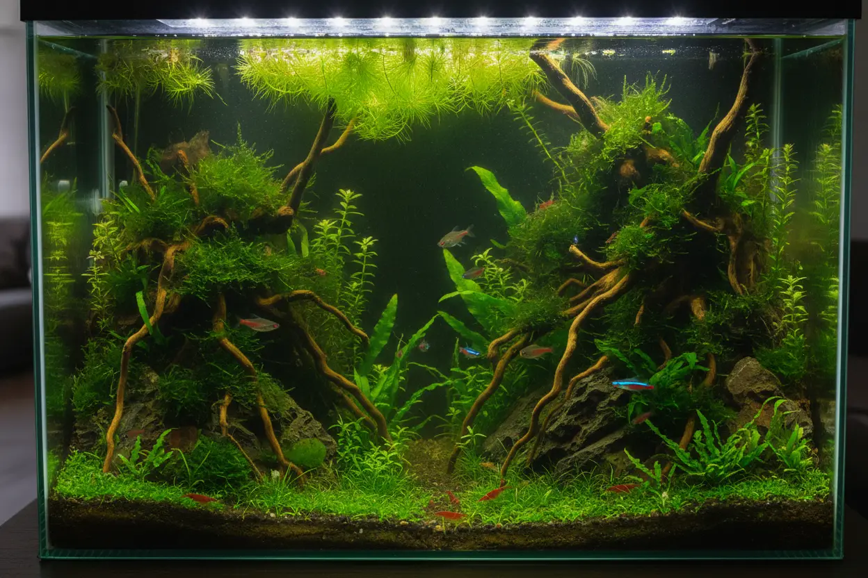 Acuario plantado de unos 50 litros tipo aquascape con plantas, raíces y rocas