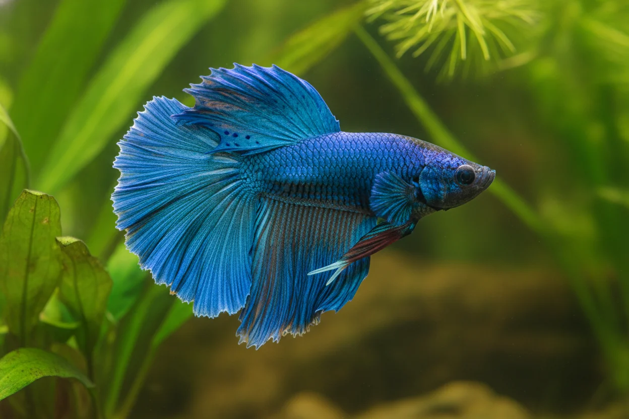 Pez betta azul metálico de aletas largas