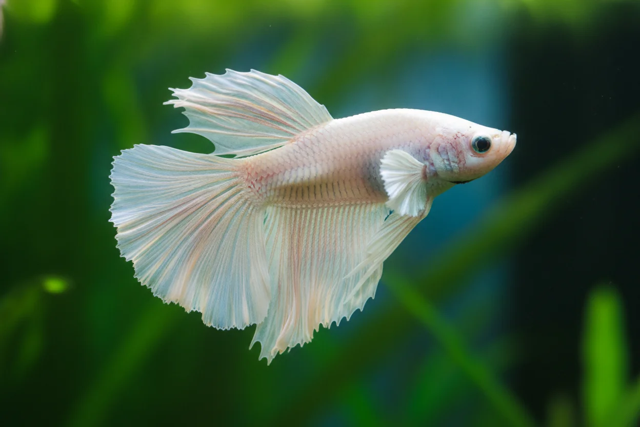Pez betta blanco perlado de aletas largas