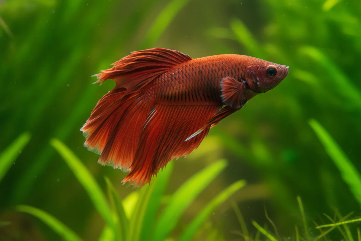 Pez betta rojo de cola de velo larga que cae hacia abajo