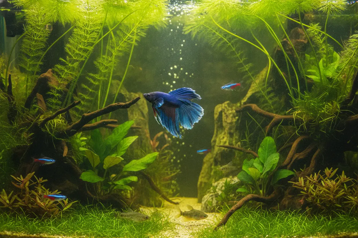 Acuario plantado de comunidad con un pez betta azul y peces pequeños pacíficos