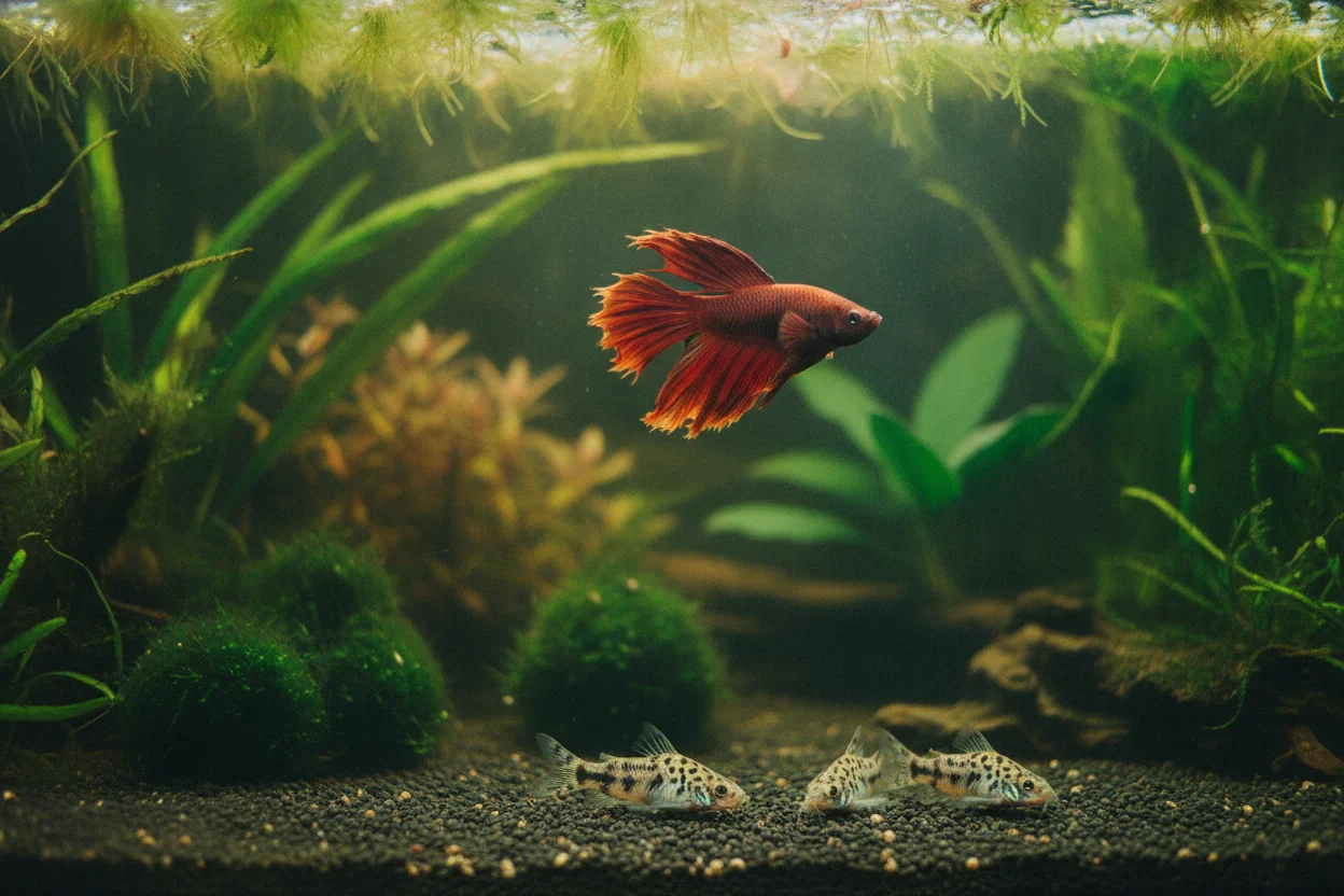 Pez betta rojo en un acuario plantado con corydoras buscando comida en el fondo
