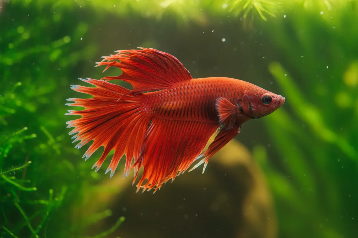 Pez betta rojo crowntail con los radios de la cola en forma de corona