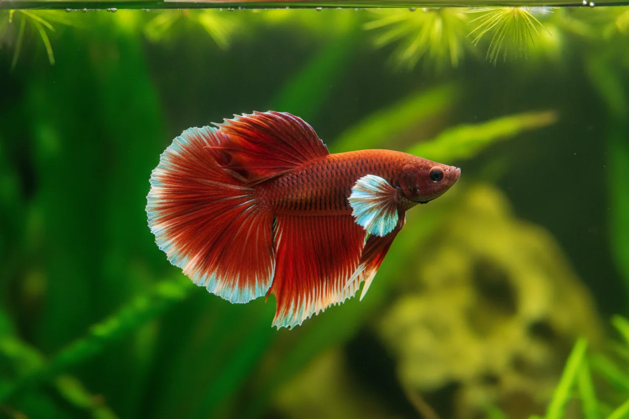 Pez betta rojo dumbo con grandes aletas pectorales como orejas de elefante
