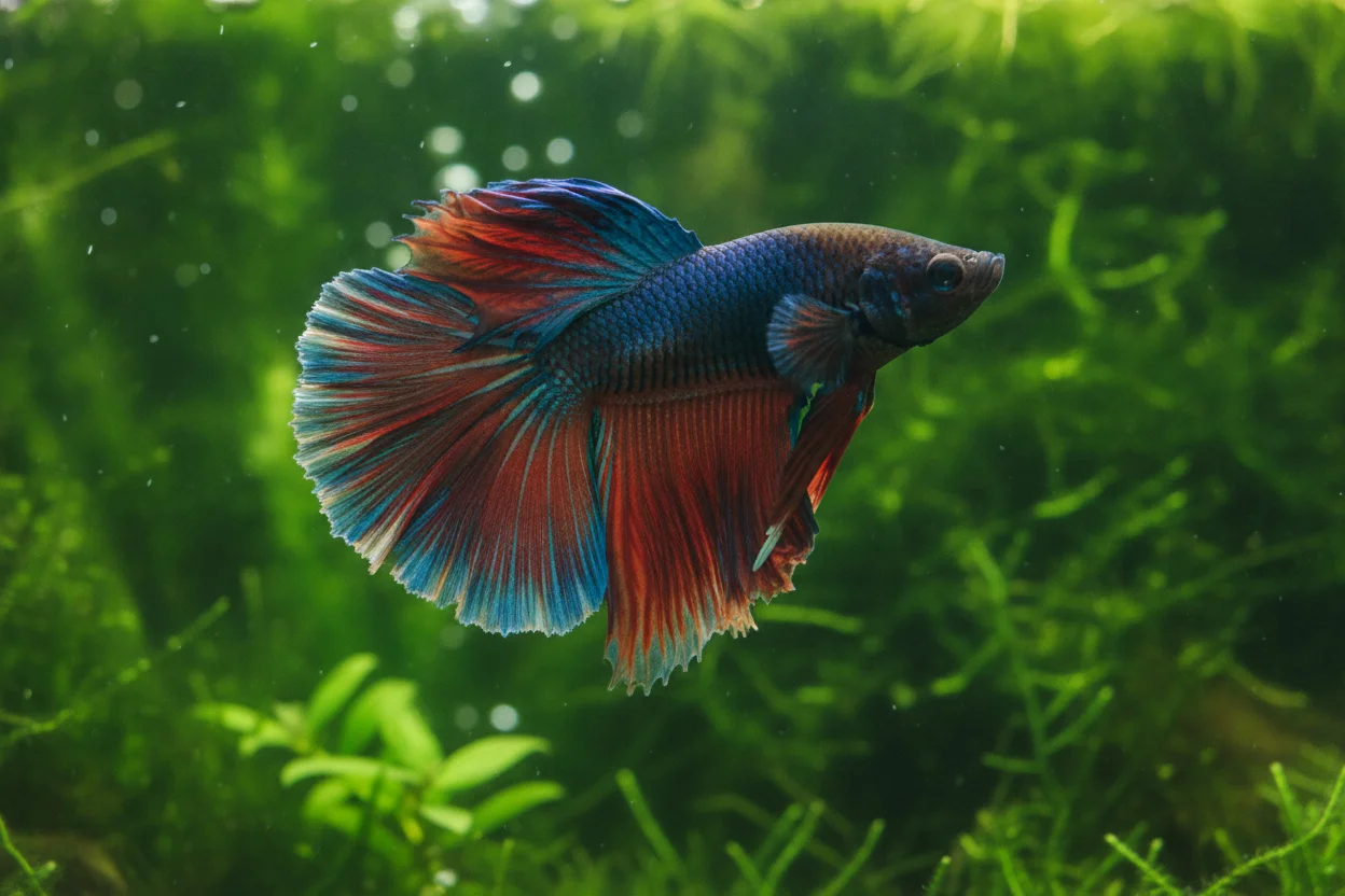 Pez betta macho sano y vibrante con aletas íntegras y color intenso