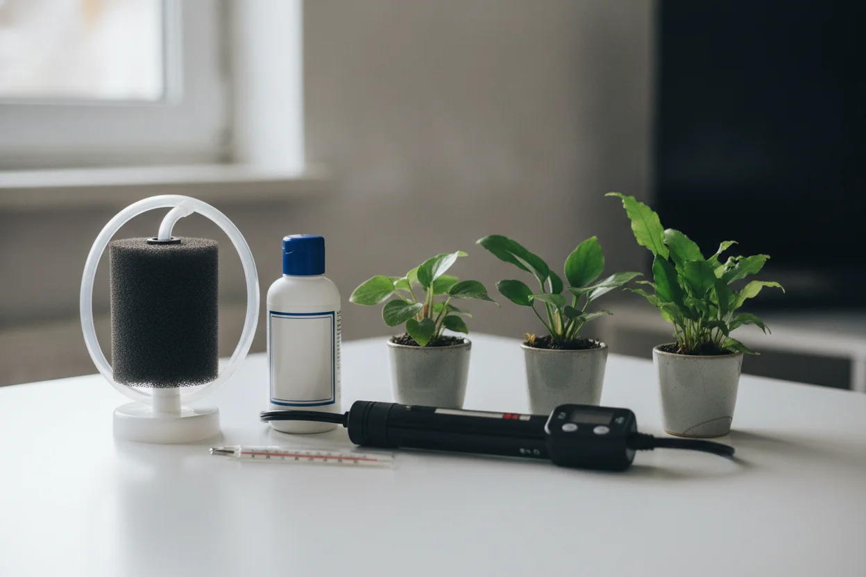 Equipo para montar un acuario de betta: filtro de esponja, calentador, acondicionador y plantas