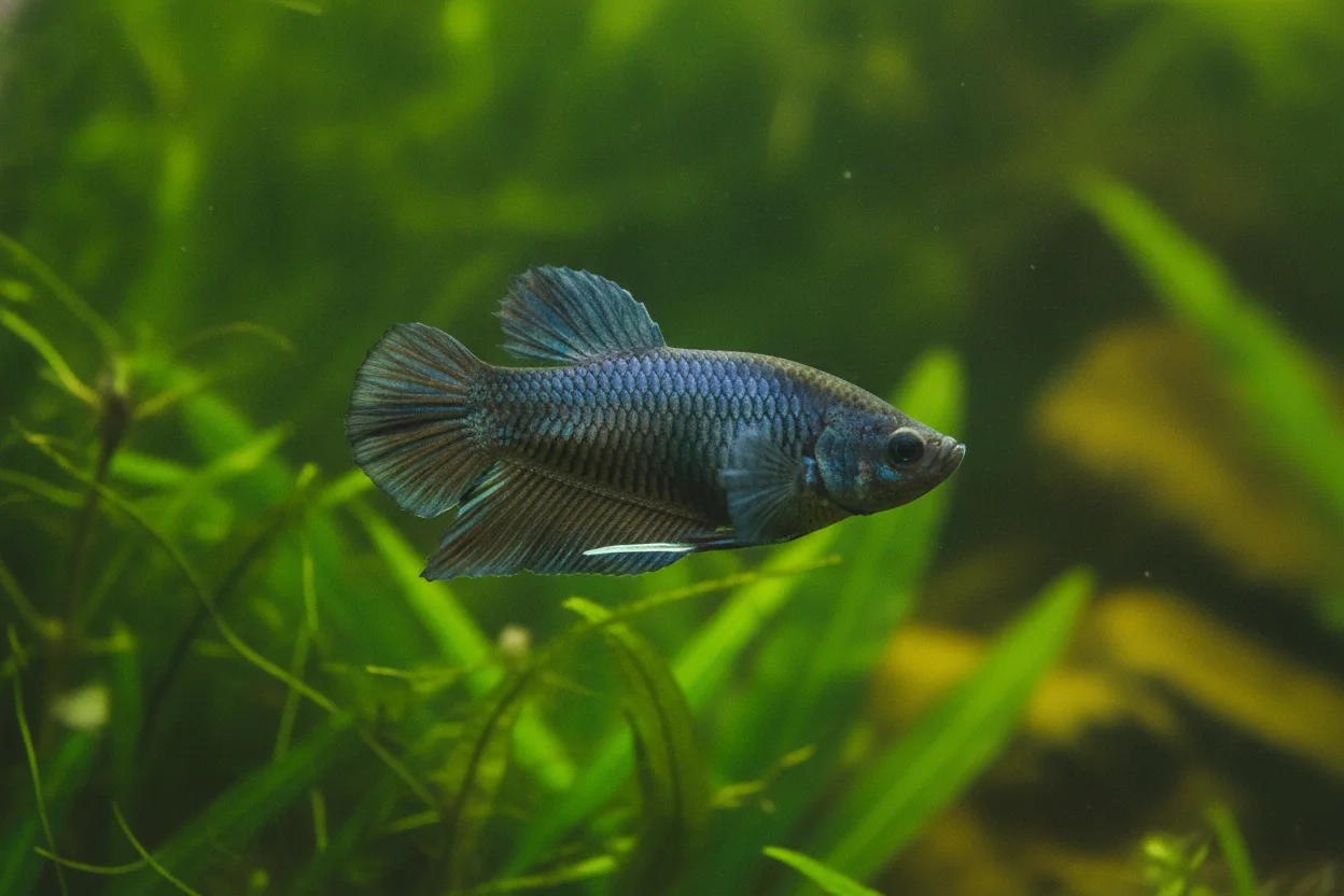 Pez betta hembra de aletas cortas y cuerpo redondeado, color apagado