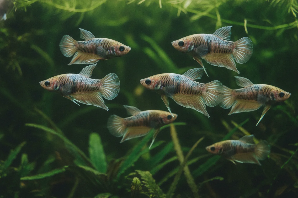 Grupo de hembras de pez betta nadando juntas en un acuario plantado