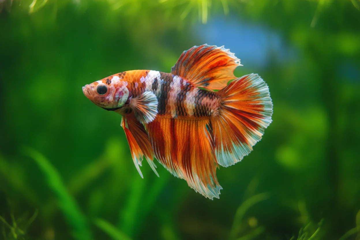 Pez betta koi macho de aletas largas con manchas naranjas, blancas y negras