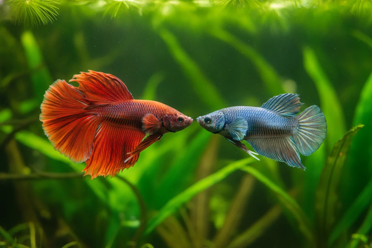 Pez betta macho de aletas largas frente a una hembra de aletas cortas en un acuario plantado