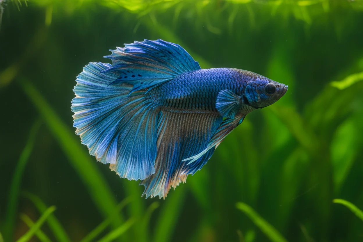 Pez betta macho azul de aletas largas y vistosas en acuario plantado