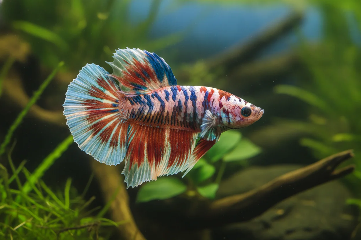 Pez betta marmol con manchas blancas, rojas y azules