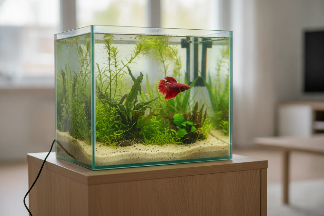 Nano acuario cúbico de cristal montado para un betta sobre un mueble de salón