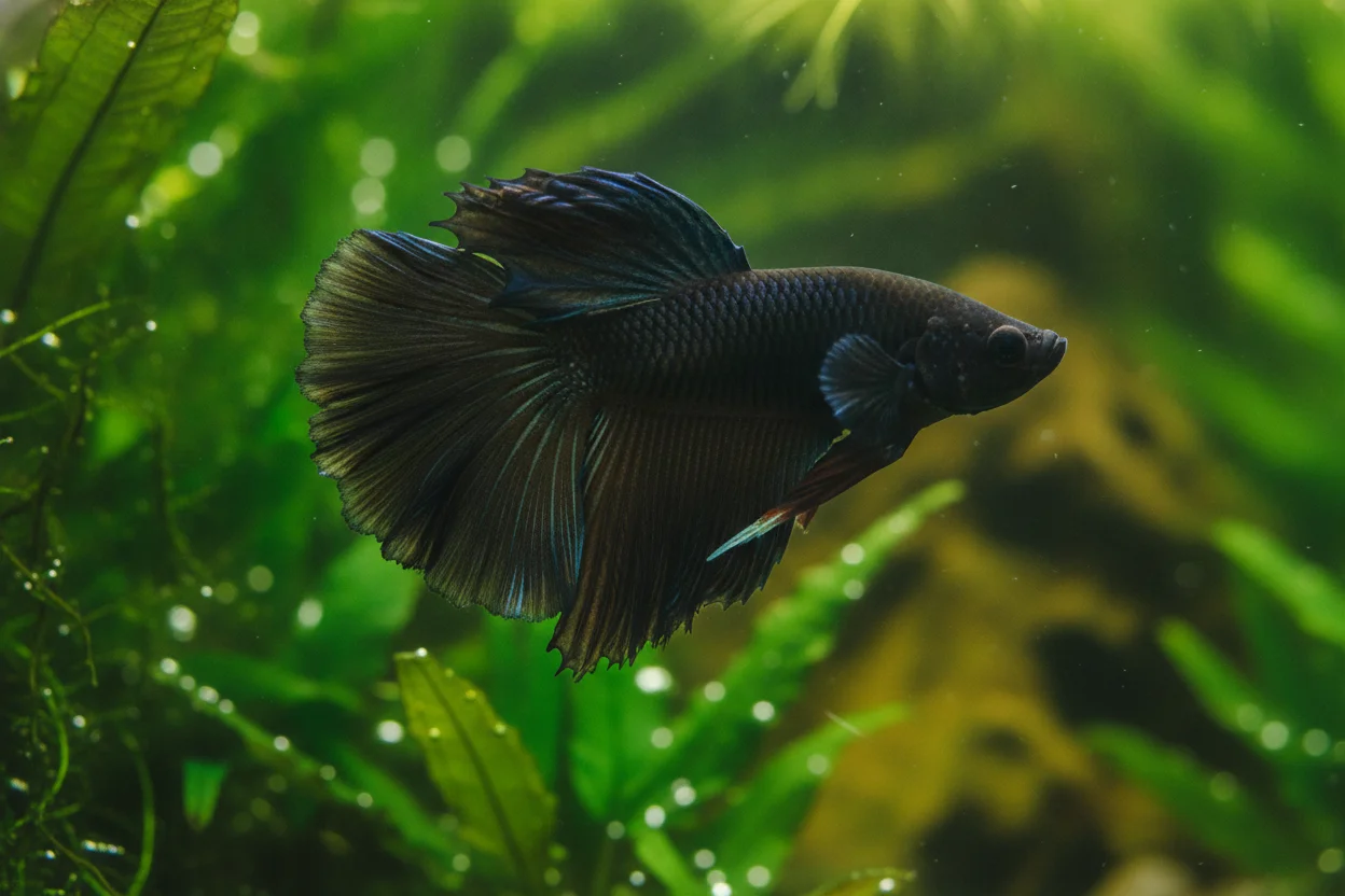 Pez betta negro con reflejos azulados