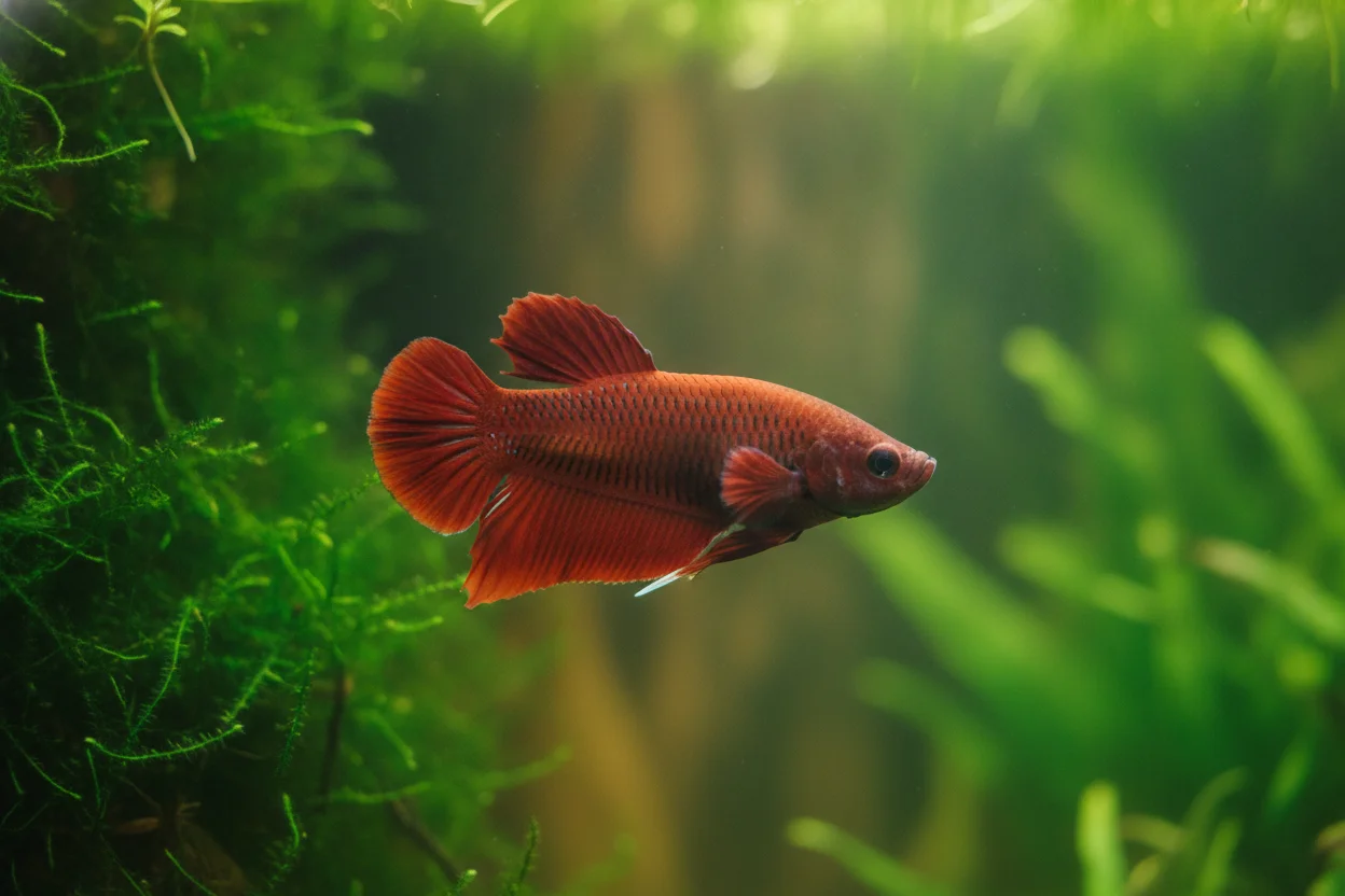 Pez betta rojo plakat de cola corta y cuerpo compacto