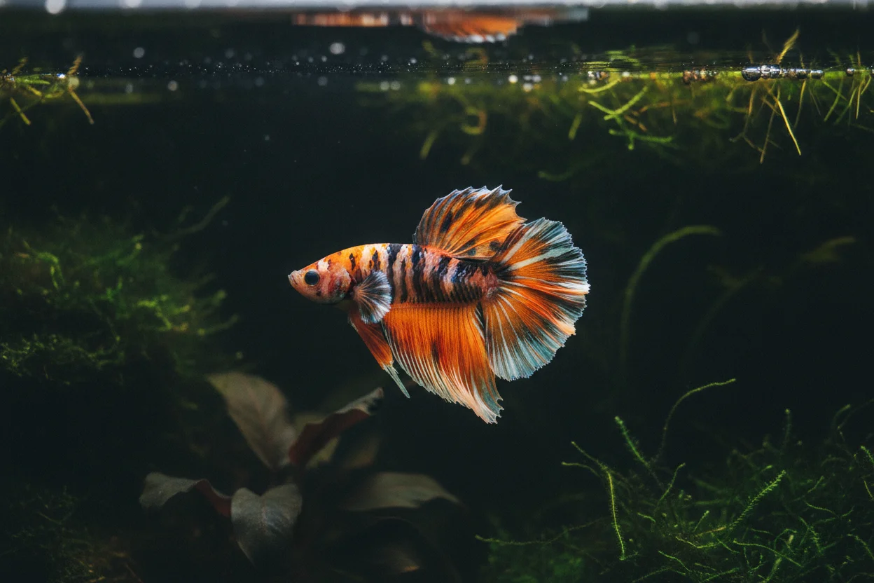 Pez betta premium variedad koi de cola halfmoon con manchas naranjas y negras