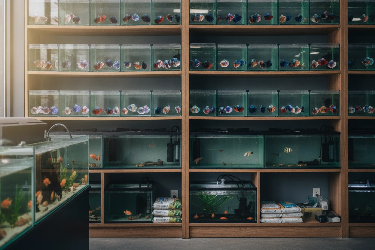 Expositor de una tienda de acuariofilia con varios peces betta en sus recipientes