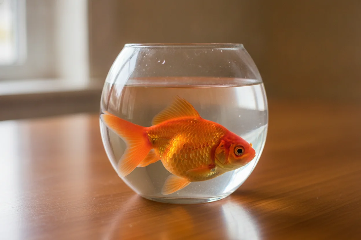 Un goldfish en un bol redondo pequeño sin filtro, el alojamiento que hay que evitar