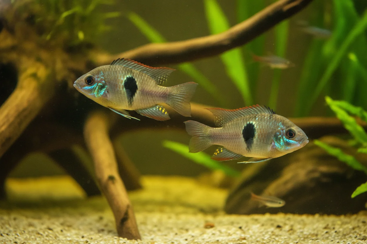 Dos ramirezis bolivianos nadando cerca del fondo en un acuario plantado con raíces y arena clara