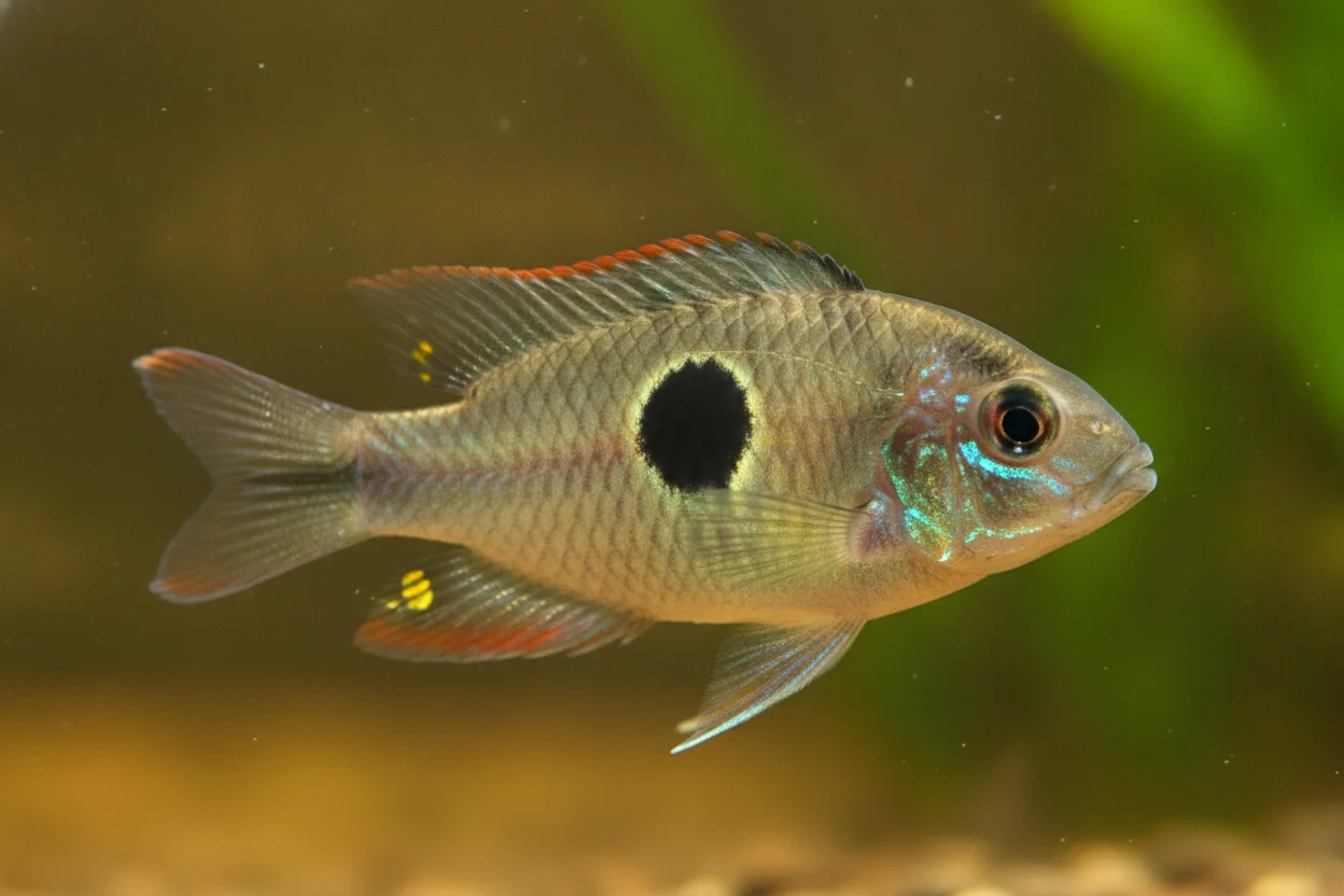 Ramirezi boliviano (Mikrogeophagus altispinosus) de tonos pardos dorados con su mancha negra lateral característica en un acuario plantado