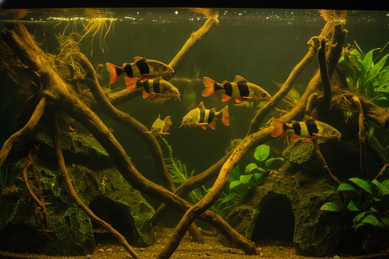 Acuario grande y largo con cuevas, raíces y vegetación donde un grupo de botias payaso explora el fondo de forma activa