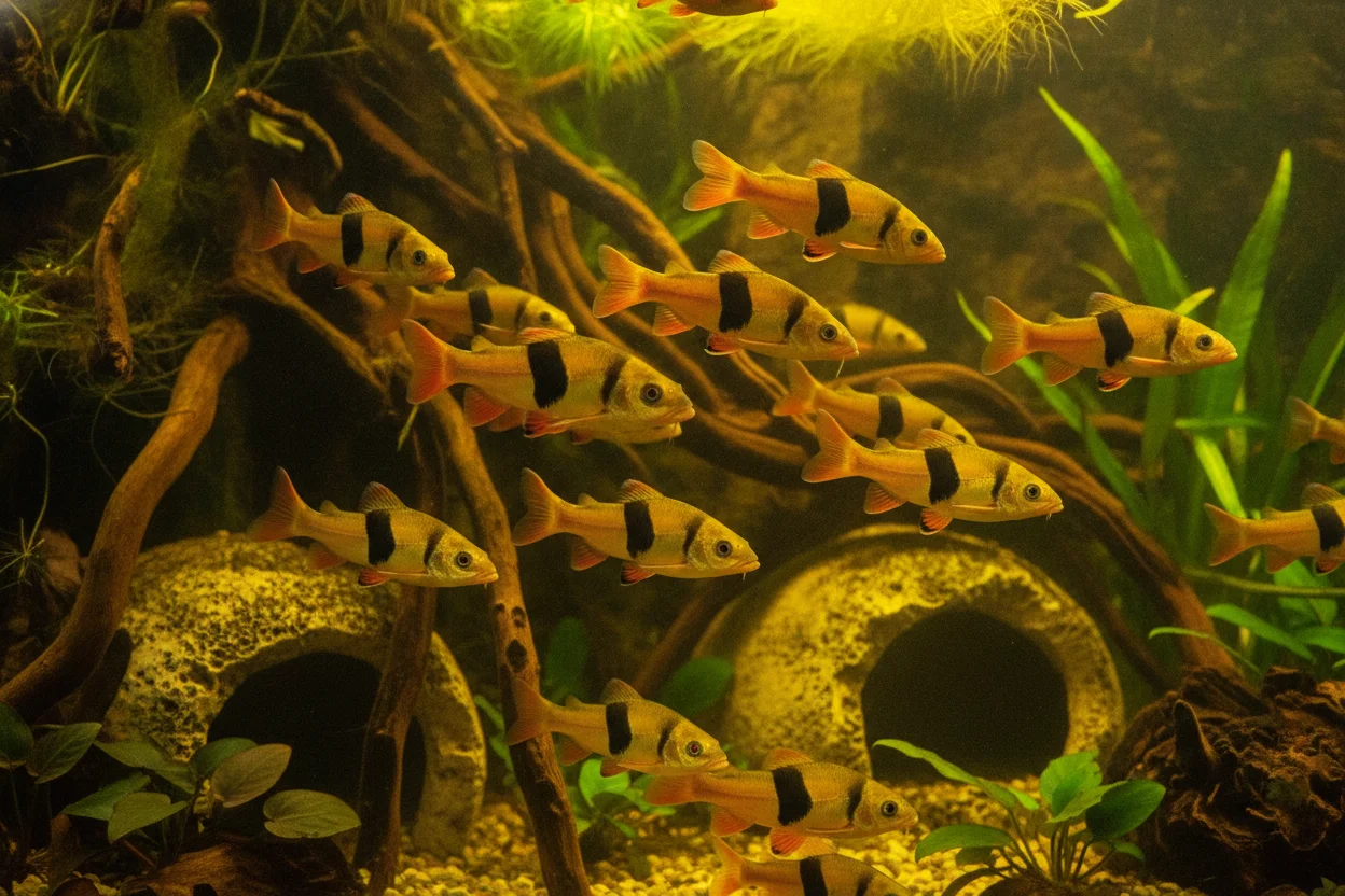 Grupo de botias payaso nadando juntos en un acuario grande con raíces y cuevas, mostrando su comportamiento social natural