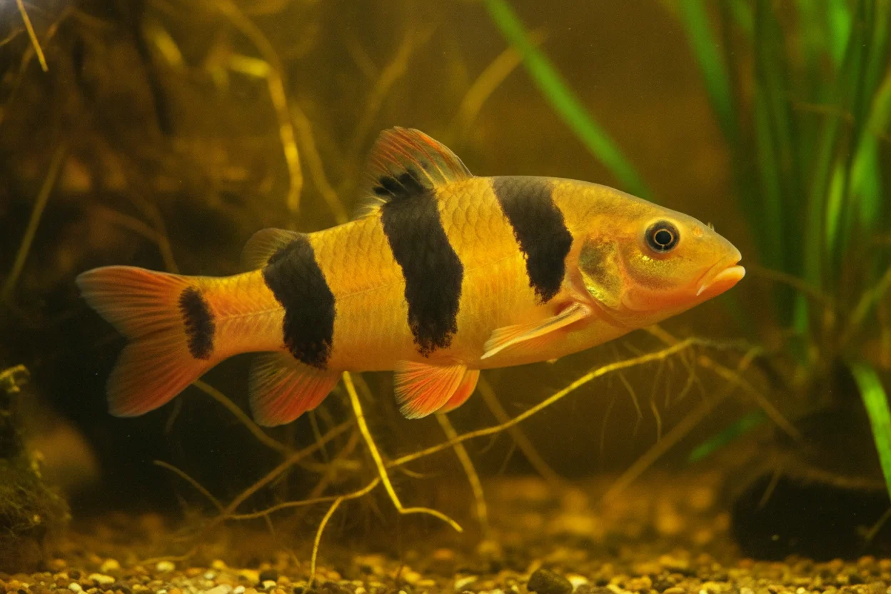 Botia payaso naranja con bandas negras en un acuario plantado