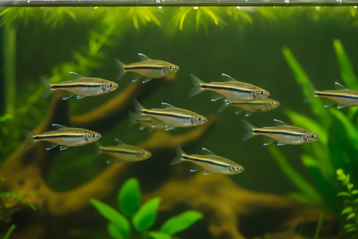 Banco de peces cebra Danio rerio nadando en acuario alargado plantado con corriente moderada