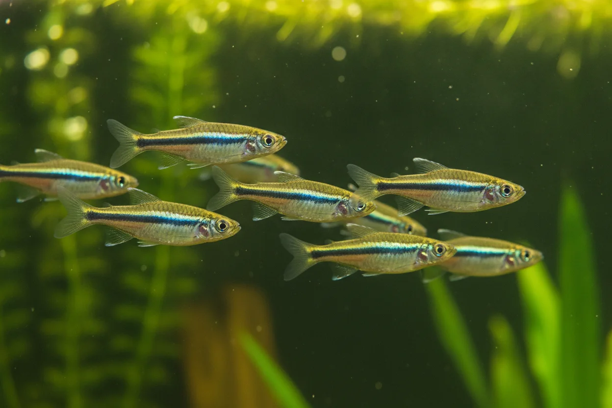 Cardumen de pez cebra Danio rerio con rayas azul-doradas nadando en acuario plantado alargado