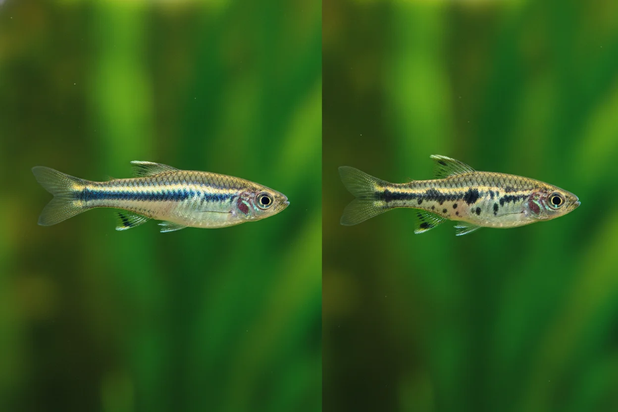 Comparativa danio rerio normal con rayas azules frente a danio leopardo con manchas sobre fondo dorado