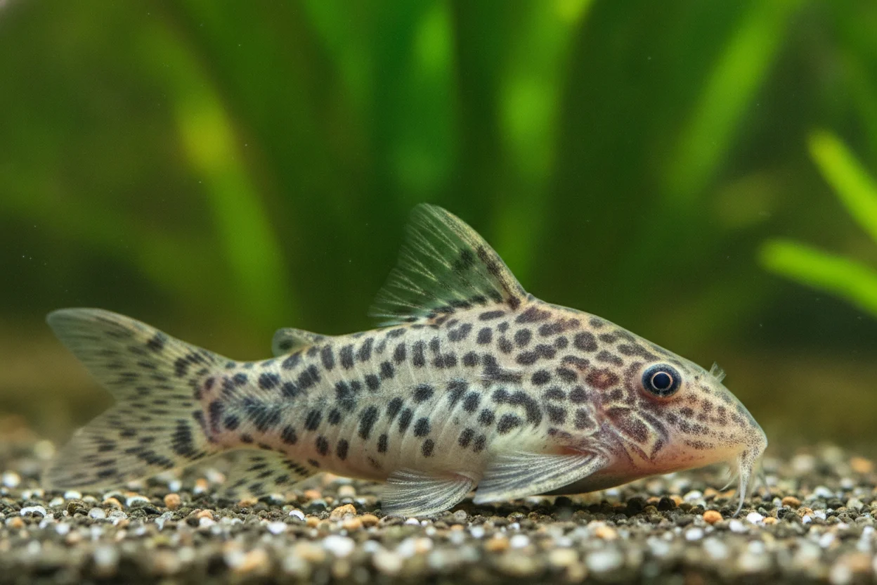 Pez corydora de fondo con cuerpo moteado y barbillas