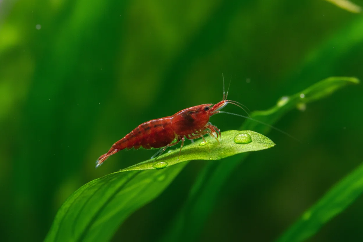 Gamba cherry roja sobre una hoja verde