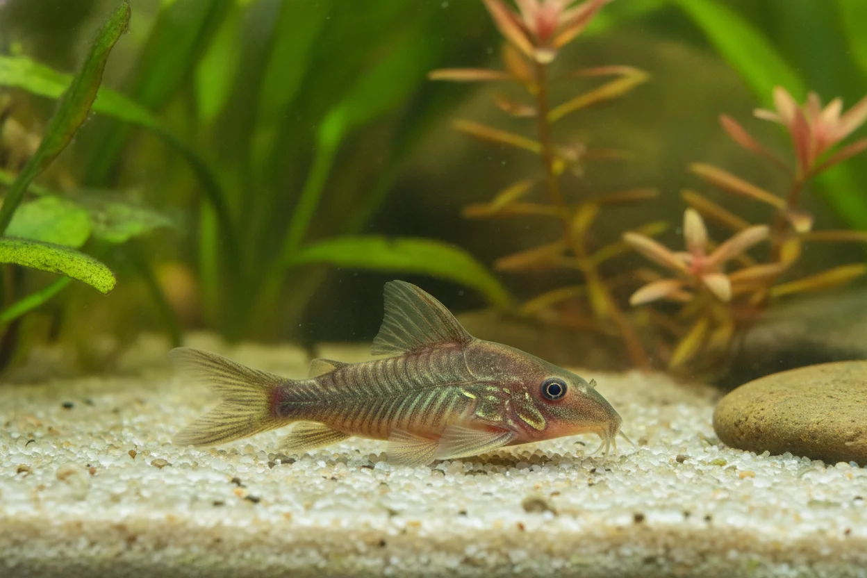 Corydora bronce (Corydoras aeneus) mostrando su reflejo metálico cobrizo-dorado en el costado mientras escarba en sustrato de arena