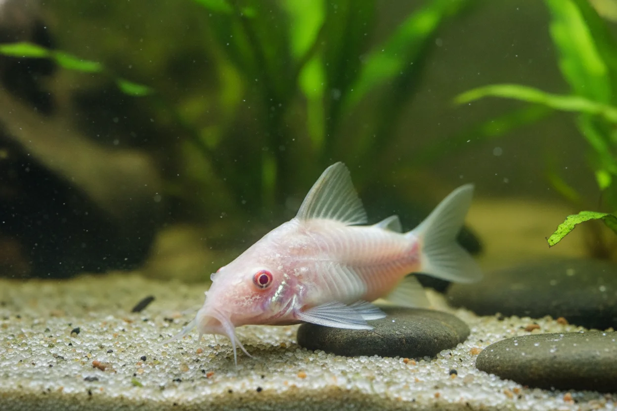 Corydora albina —forma albina de Corydoras aeneus— con su cuerpo blanco-rosado y ojos rojos característicos sobre arena fina