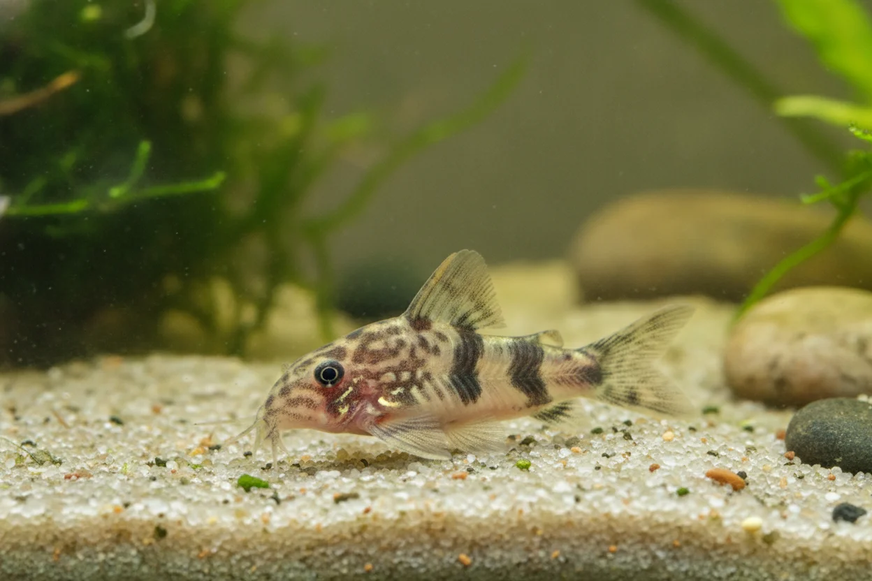 Corydora habrosus o salt-and-pepper (Corydoras habrosus) en grupo sobre arena fina, mostrando su diminuto tamaño y patrón de motas irregulares