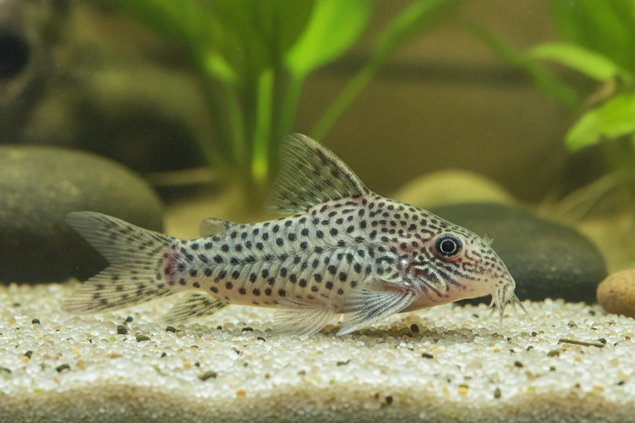 Corydora julii o trilineatus (Corydoras julii / trilineatus) con su cuerpo pálido salpicado de puntos negros finos y líneas en la cabeza
