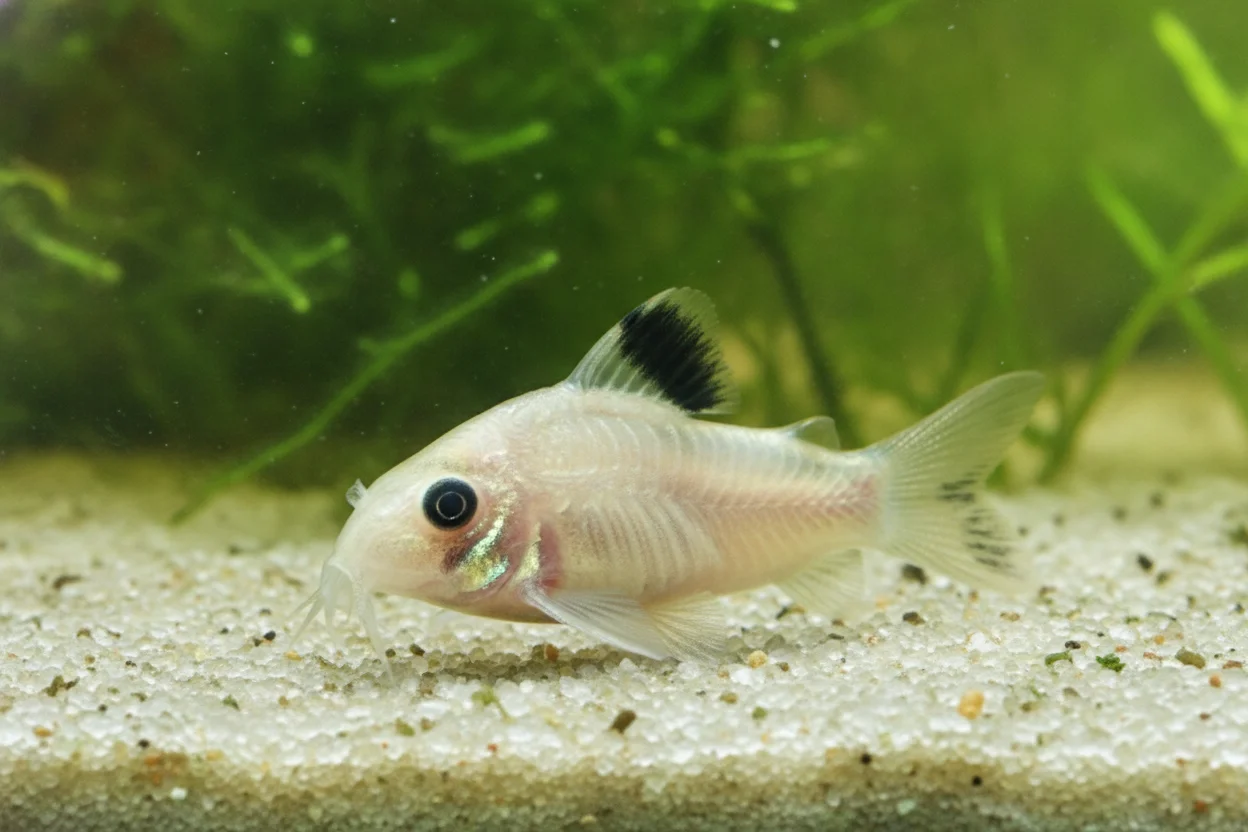 Corydora panda (Corydoras panda) con sus tres manchas negras características —máscara en el ojo, aleta dorsal y base de la cola— sobre fondo crema