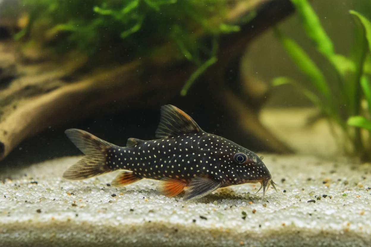 Corydora sterbai (Corydoras sterbai) con su cuerpo marrón oscuro con puntos blancos y las características aletas pectorales de color naranja