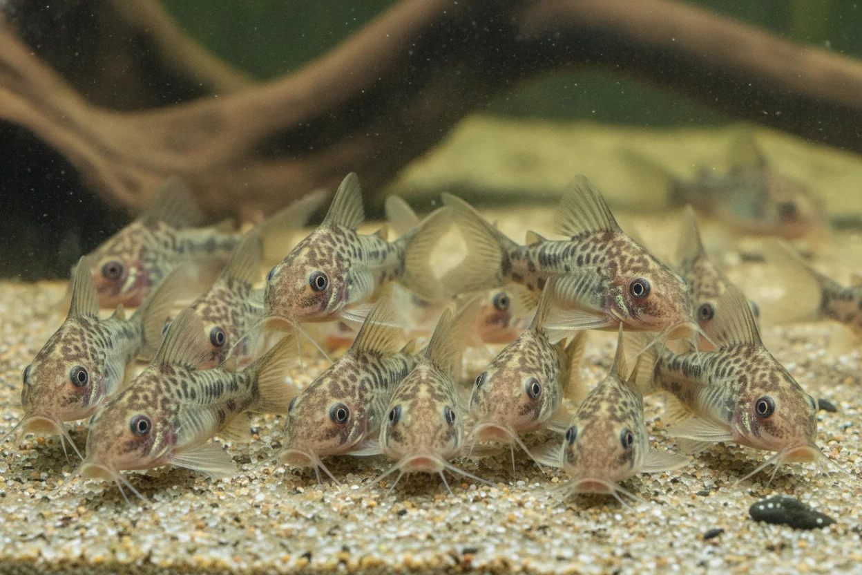 Grupo de seis corydoras moviéndose en cardumen por el sustrato de arena de un acuario comunitario