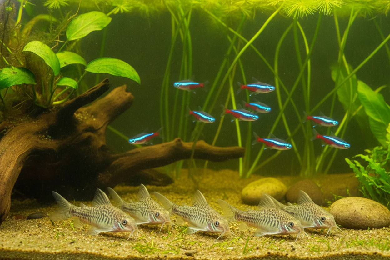Corydoras en acuario comunitario junto a tetras y plantas, mostrando convivencia pacífica